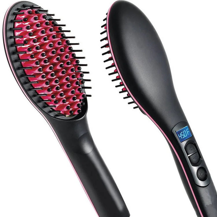 Brosse électrique à lisser les cheveux avec manche noir et accents roses.