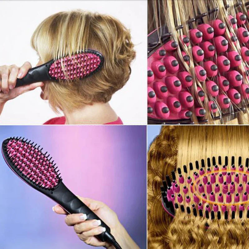 Brosse électrique à lisser les cheveux avec éléments chauffants en céramique rose.