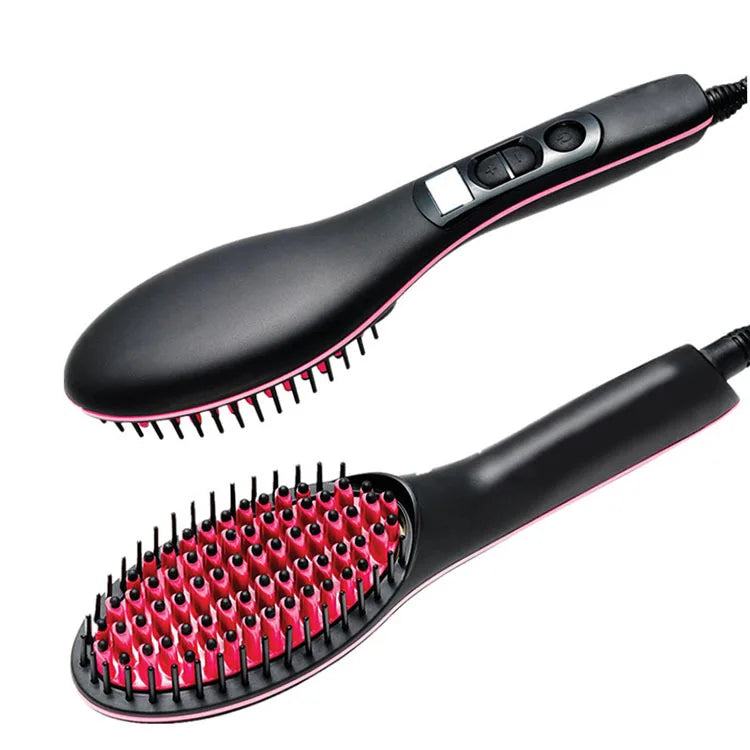 Brosse électrique noire et rouge avec poils pour lisser les cheveux.