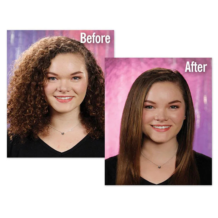 Photos avant et après d’une transformation de boucles naturelles en cheveux lisses.