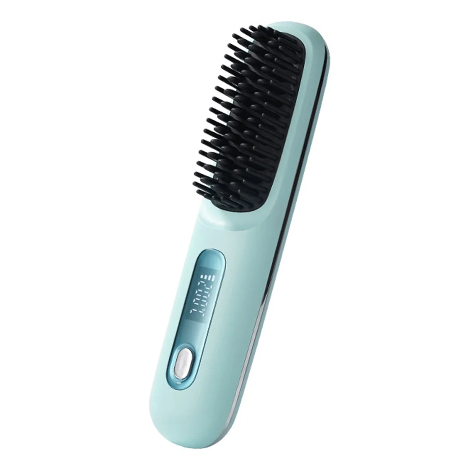 Brosse électrique à lisser les cheveux de couleur menthe avec des poils noirs.