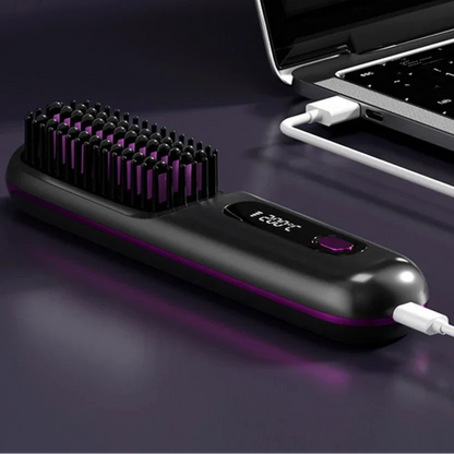 Brosse à lisser les cheveux de couleur noire avec des LED violettes et une capacité de charge USB.