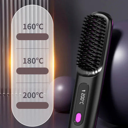 Brosse électrique noire pour lisser les cheveux, avec réglage de la température de 160°C à 200°C.