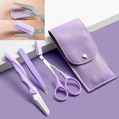 Kit de toilettage des sourcils violet avec ciseaux, pince à épiler, brosse et étui de transport.