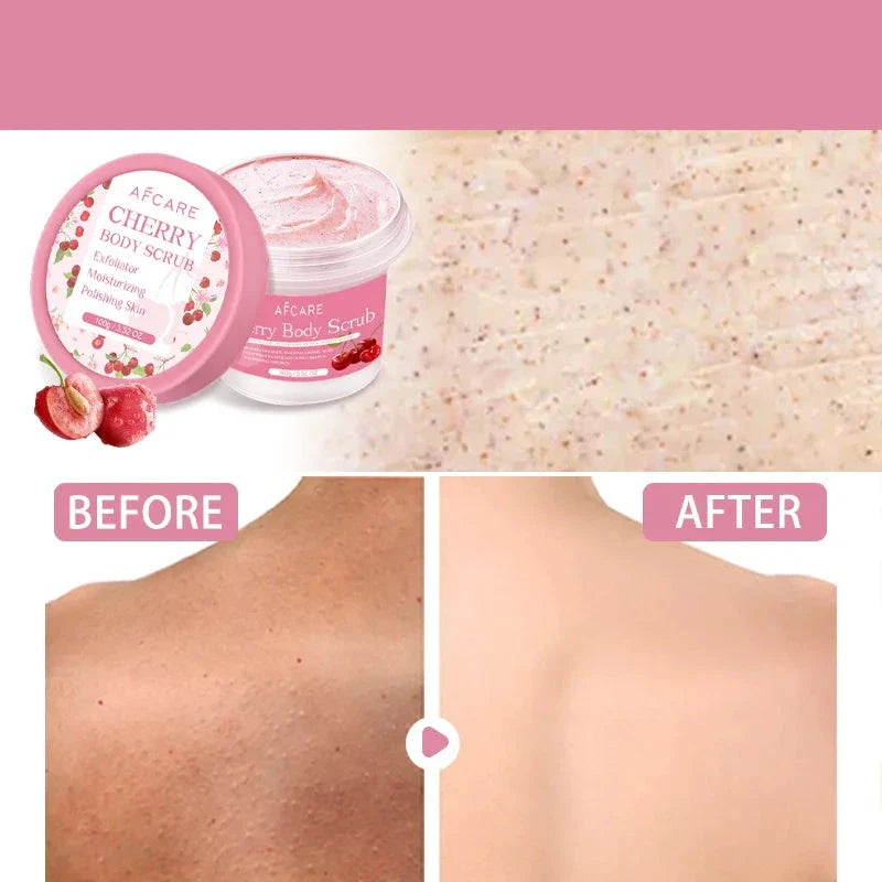 Produit de gommage corporel à la cerise rose avec des photos de comparaison de la peau avant/après.