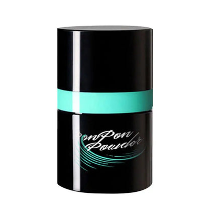 Récipient cylindrique noir avec une bande turquoise et la marque ’PowPow Powder’.