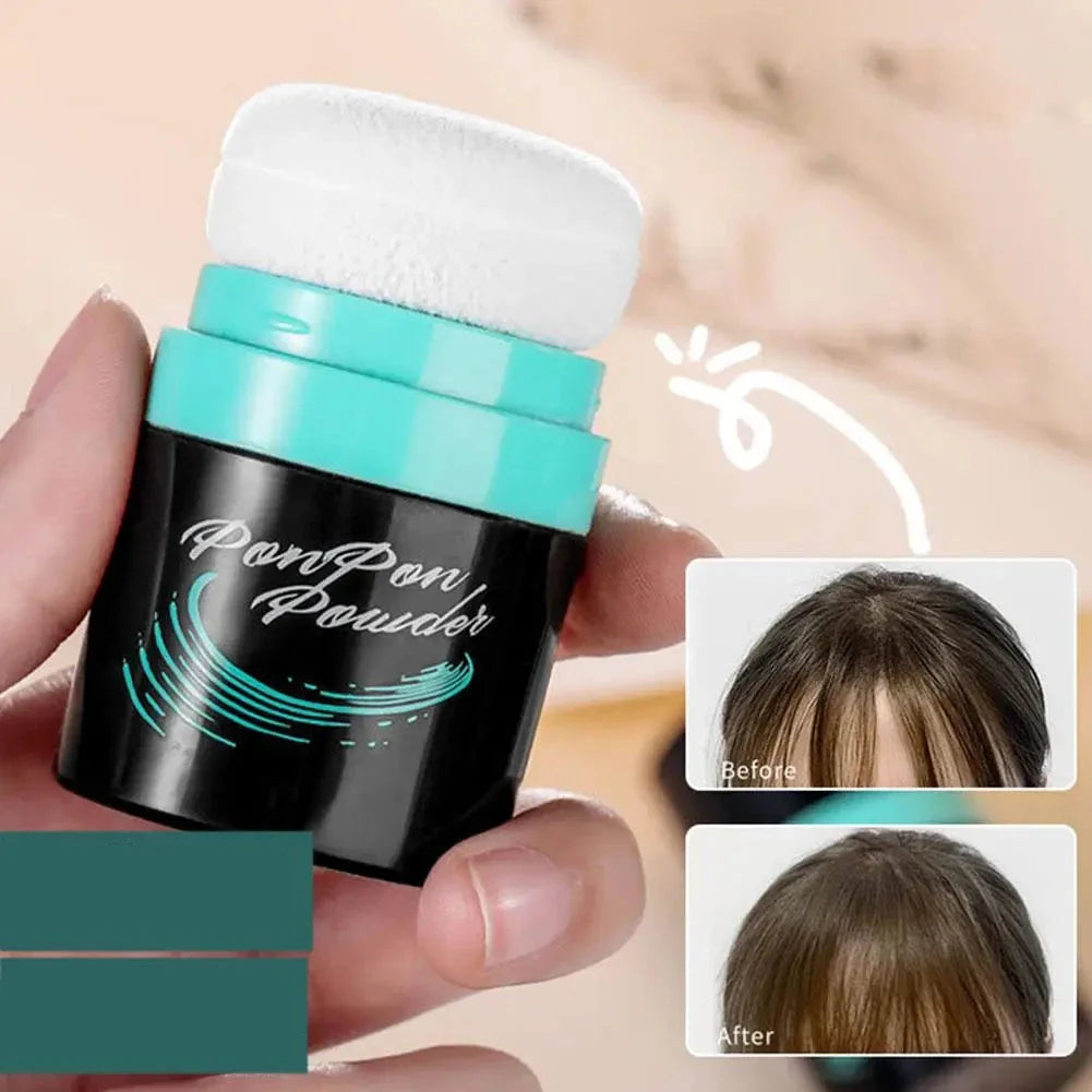 Récipient de poudre pour cheveux noir et turquoise avec bouchon blanc.