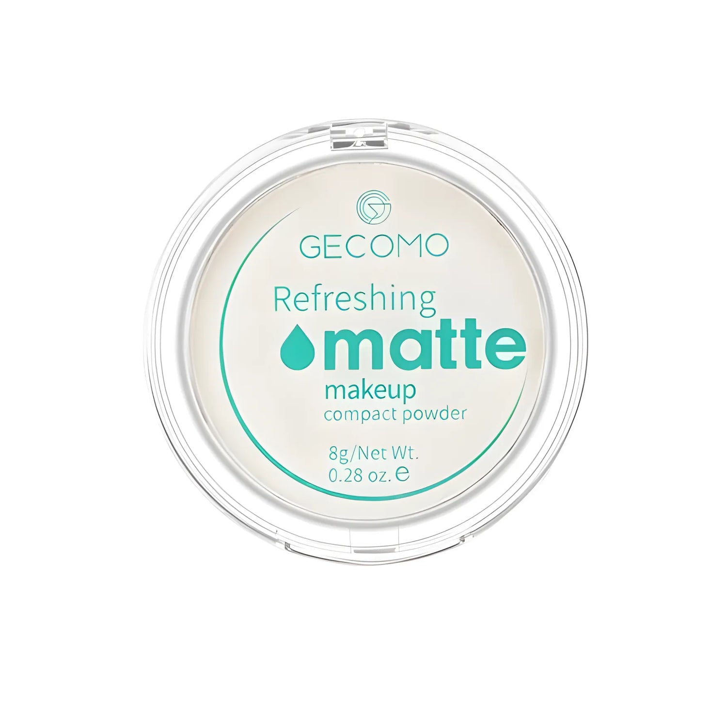 Boîtier compact de maquillage en poudre avec texte vert menthe étiqueté ’Refreshing matte’ par Cocomo.