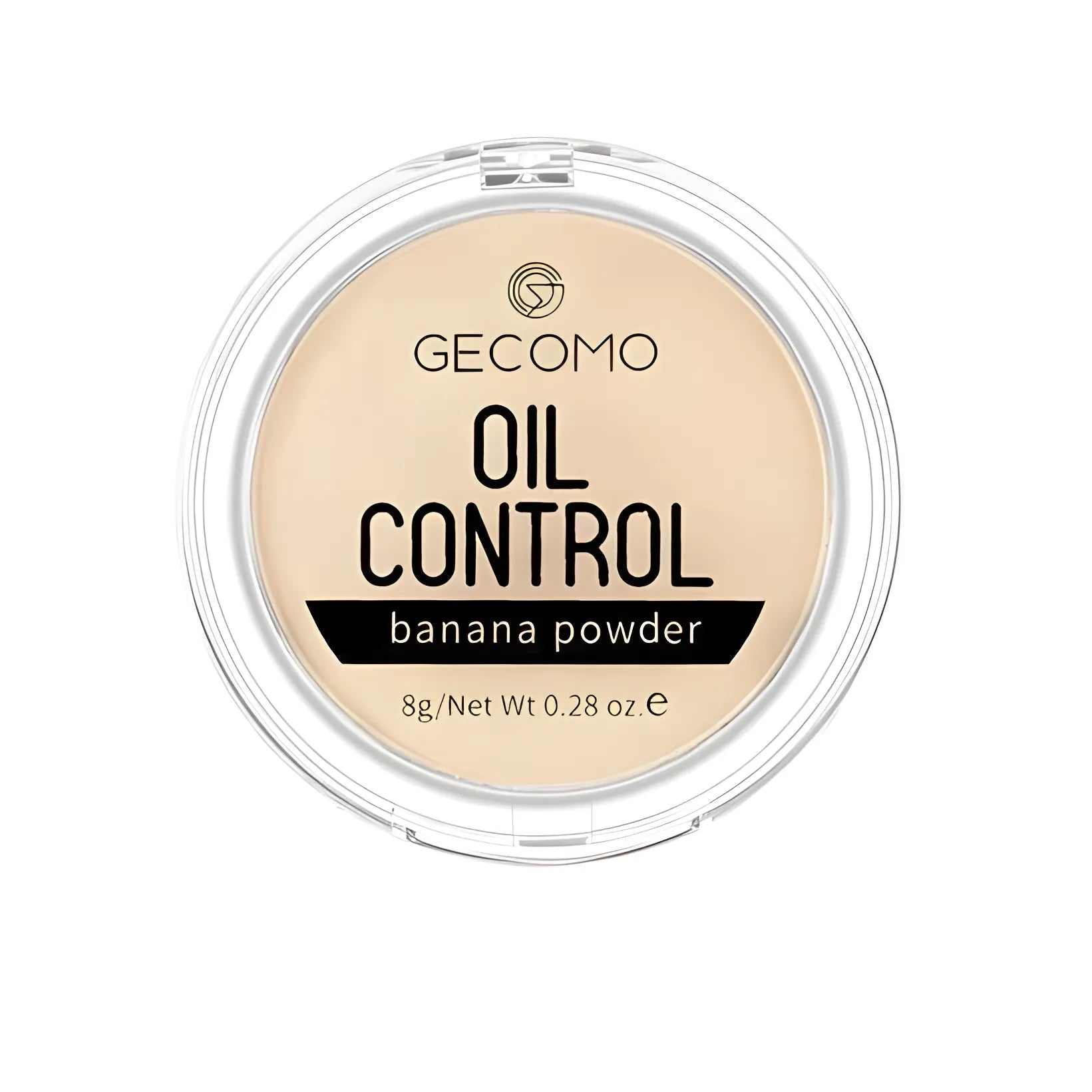 Poudre de banane compacte Gecomo Oil Control dans un étui en plastique transparent.