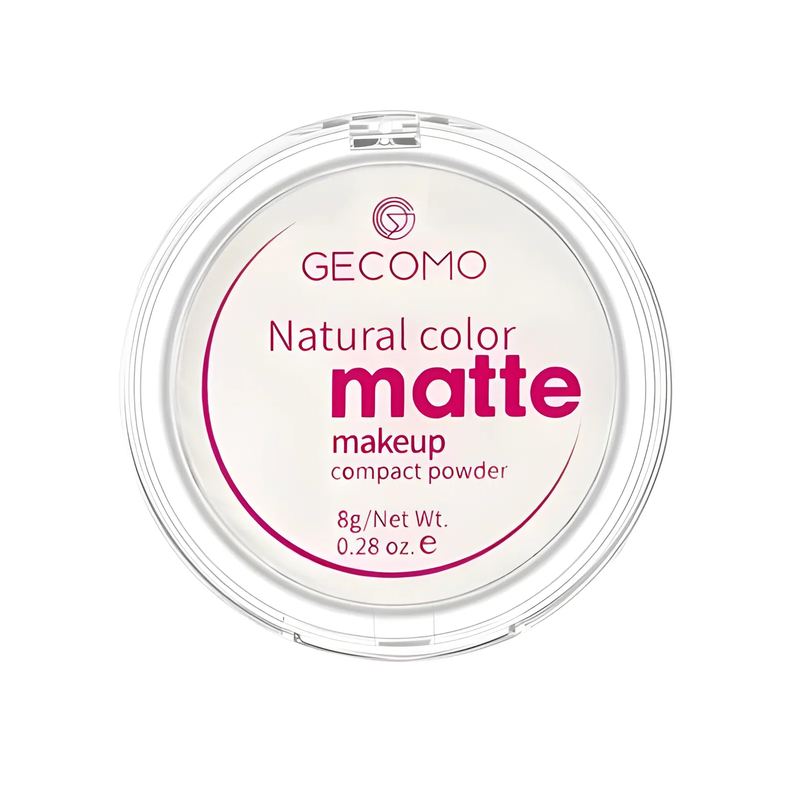 Poudre compacte de maquillage Gecomo de couleur naturelle mate dans un étui rond transparent.