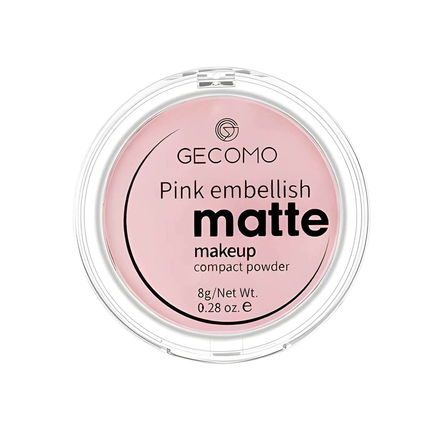 Fond de teint compact rose mat dans un étui rond transparent portant la marque ’Gecomo’.