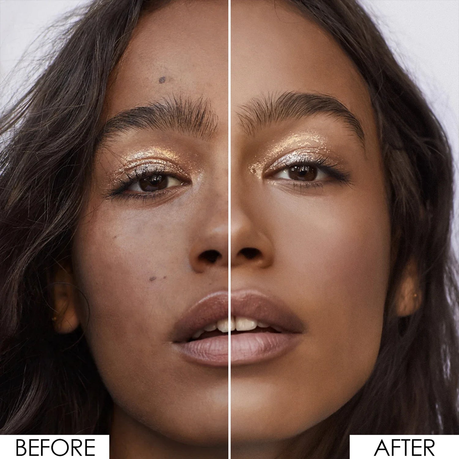 Comparaison des retouches de beauté avant et après, montrant la texture de la peau et l’amélioration du maquillage.