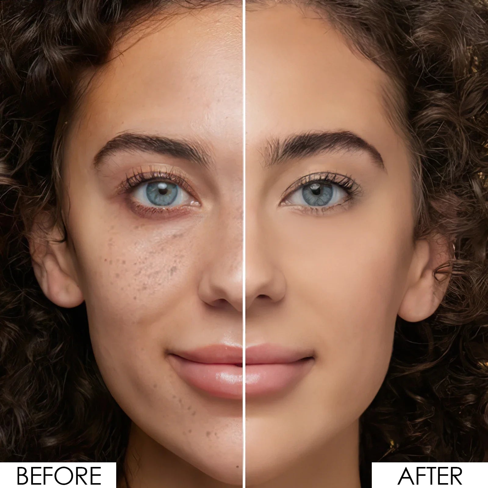 Comparaison de beauté en écran partagé montrant la texture de la peau avant et après l’application du maquillage.