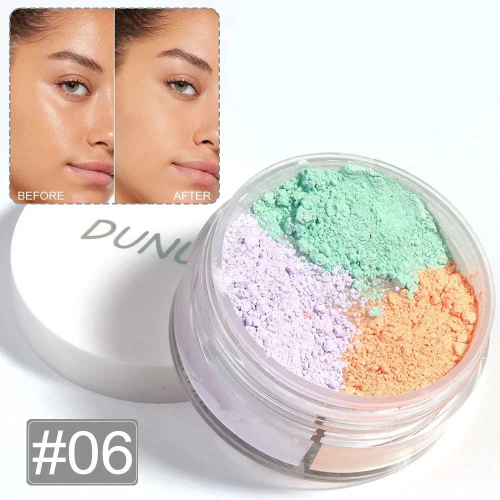 Poudre libre multicolore correctrice de couleur dans un pot transparent étiqueté ’