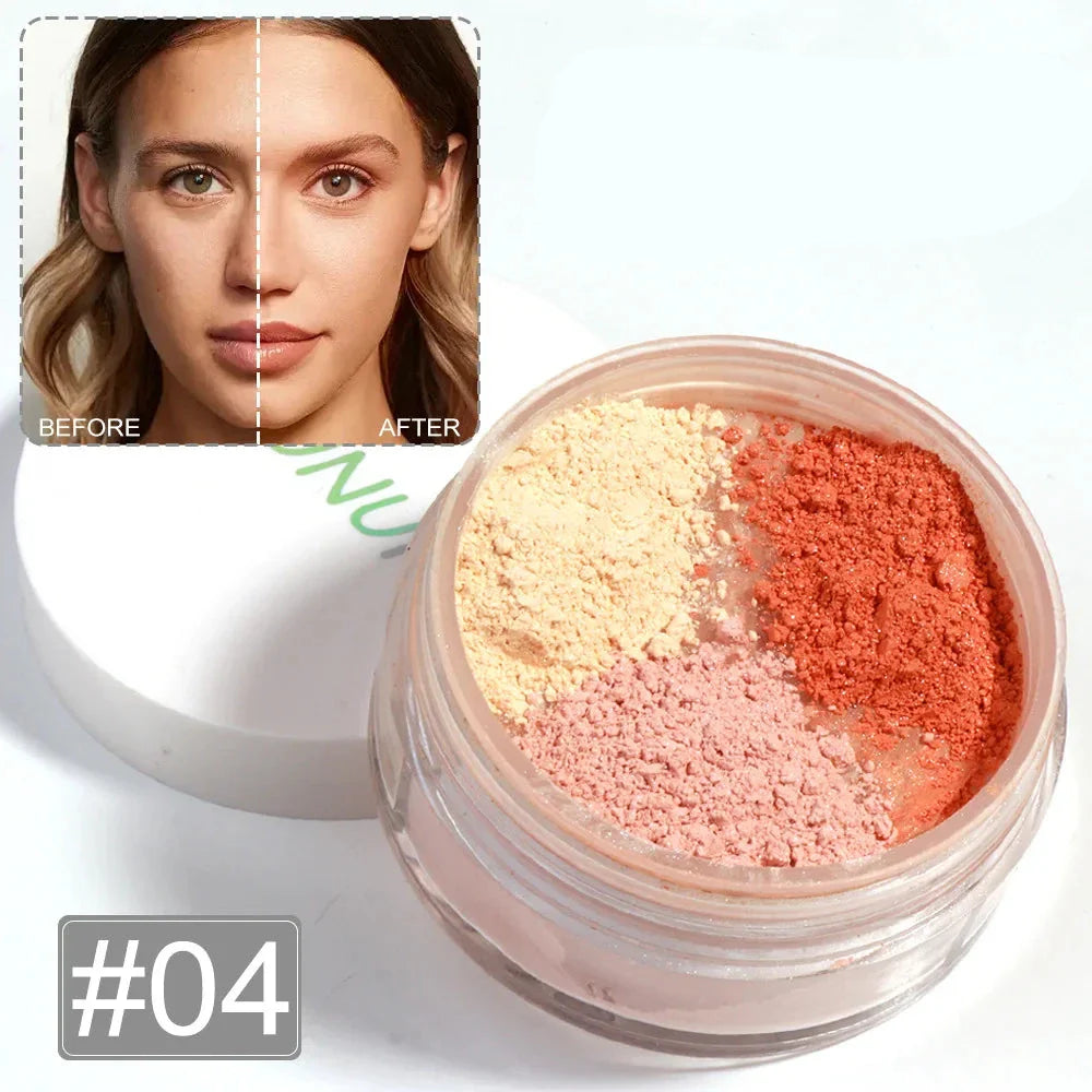 Poudre libre multicolore dans un pot transparent avec des teintes beige, rose et corail.