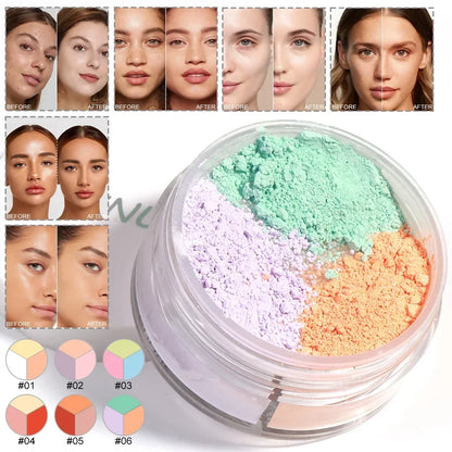 Poudre libre multicolore correctrice de couleur divisée en trois sections de teintes vert menthe, lavande et pêche.