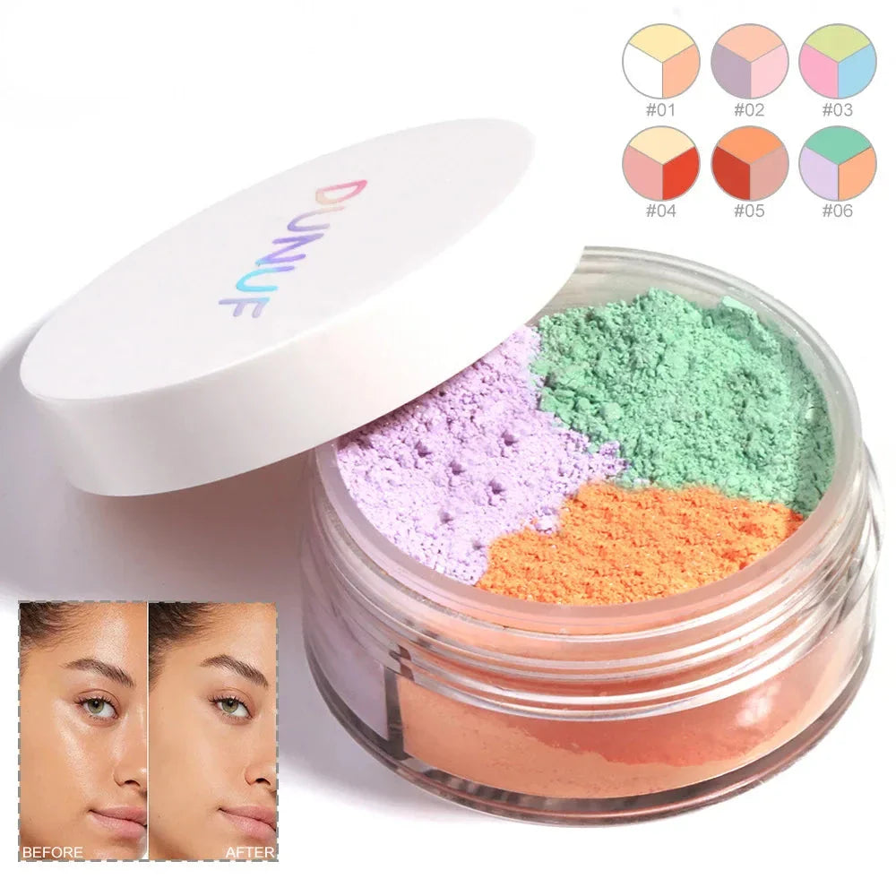 Poudre libre correcteur de couleur multicolore dans un pot cosmétique ouvert avec son couvercle blanc.