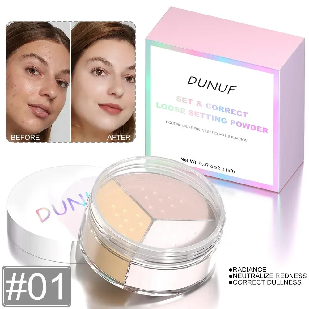 Poudre de réglage multicolore dans un compact transparent avec un emballage rose holographique.