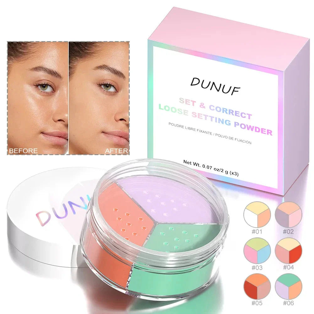 Poudre compacte multicolore correctrice et fixatrice dans un emballage pastel.