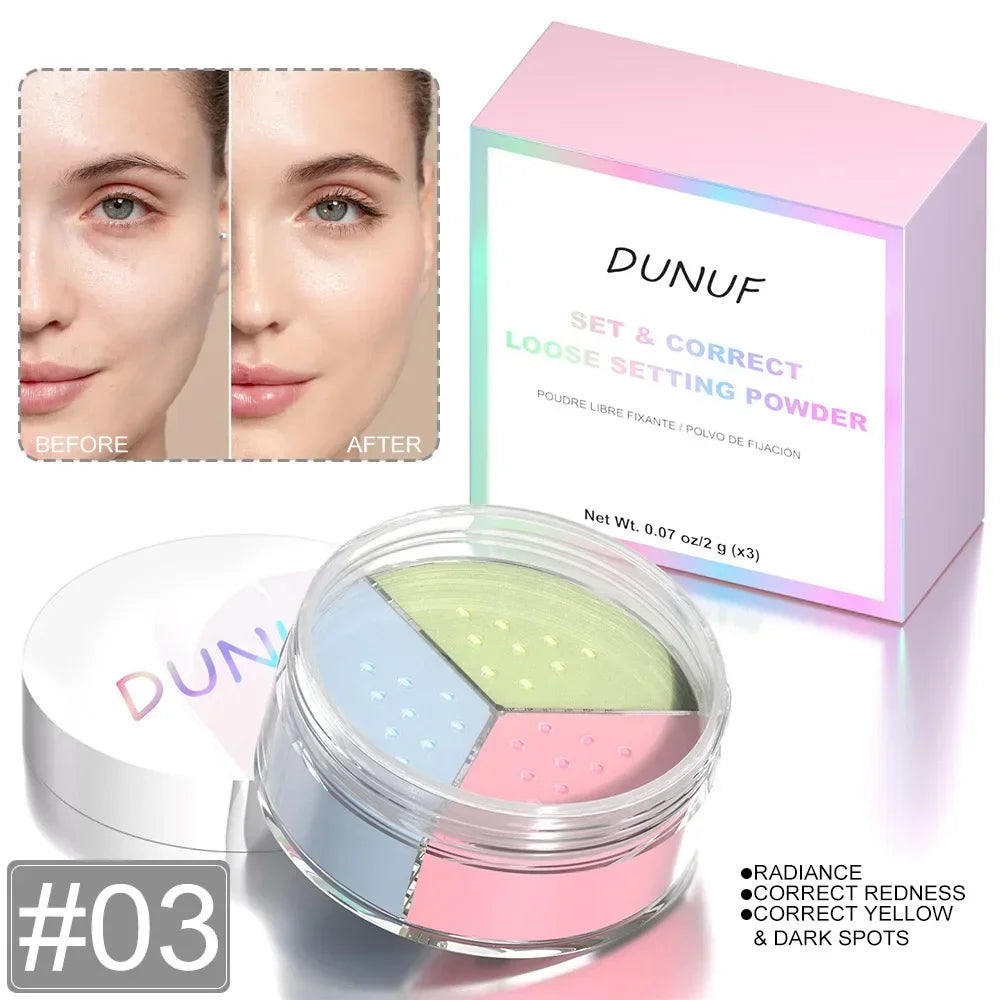 Poudre correctrice multicolore dans un compact avec des sections roses, bleues et vertes.