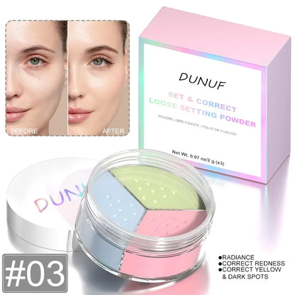 Poudre correctrice multicolore dans un compact avec des sections roses, bleues et vertes.