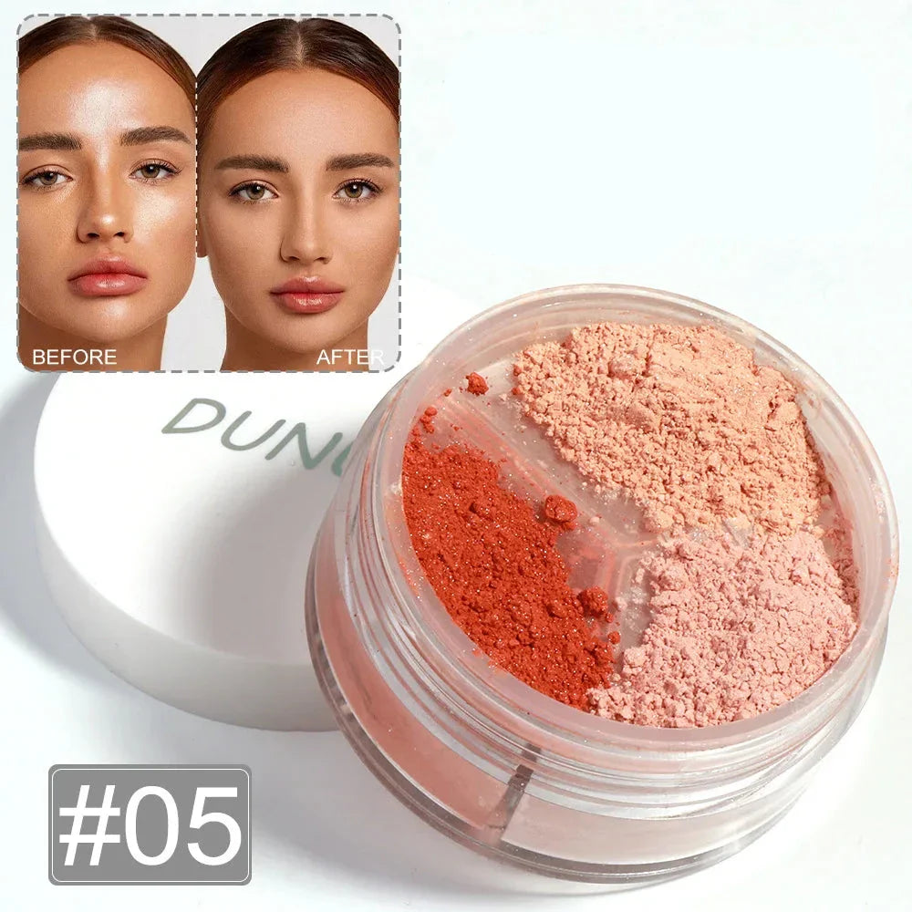 Boîte de maquillage ouverte présentant deux teintes de fard à joues en poudre libre de couleur pêche-corail.