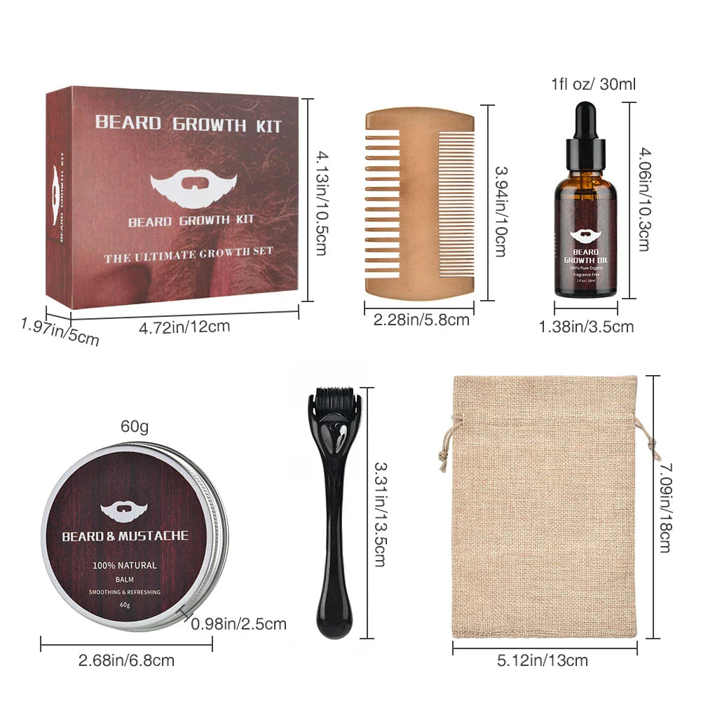 Kit de pousse de la barbe contenant une huile, un baume, un peigne, un rouleau et un sac de rangement.