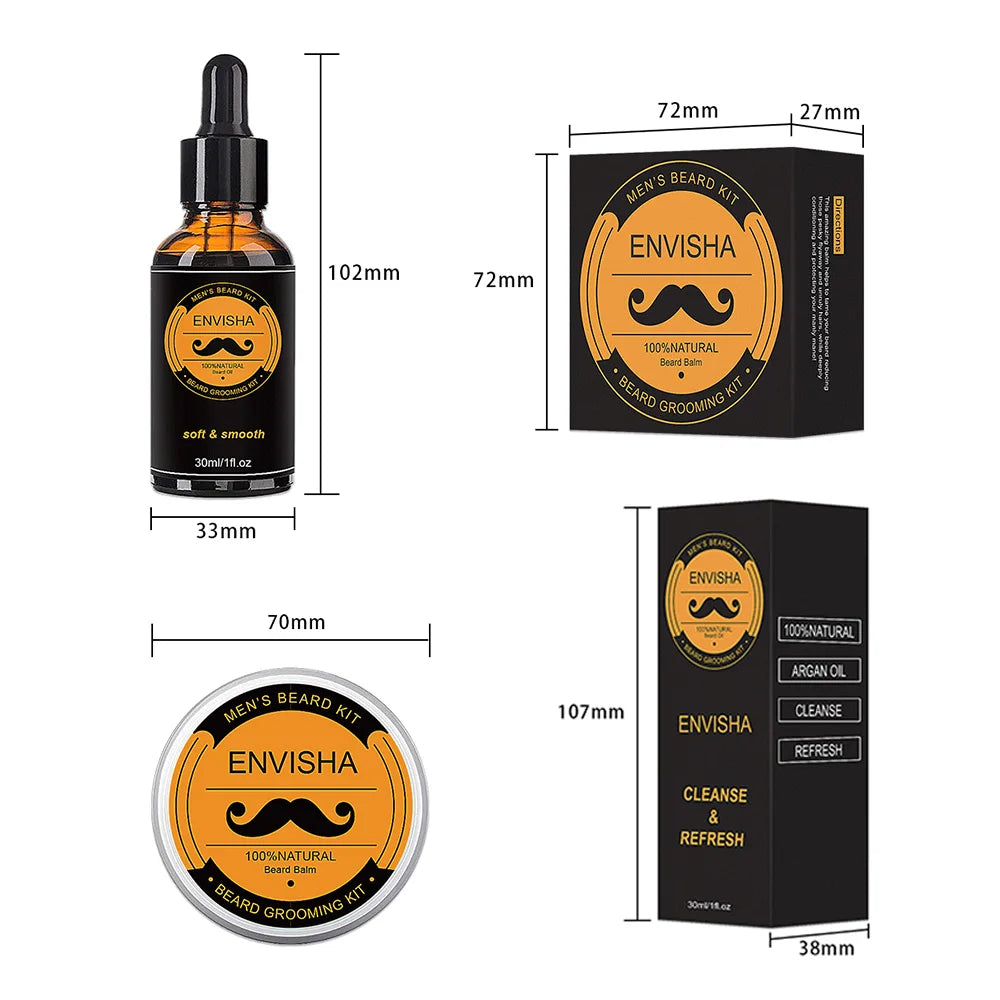 Set de produits de soin de la barbe comprenant une huile, un baume et un emballage avec un logo en forme de moustache.