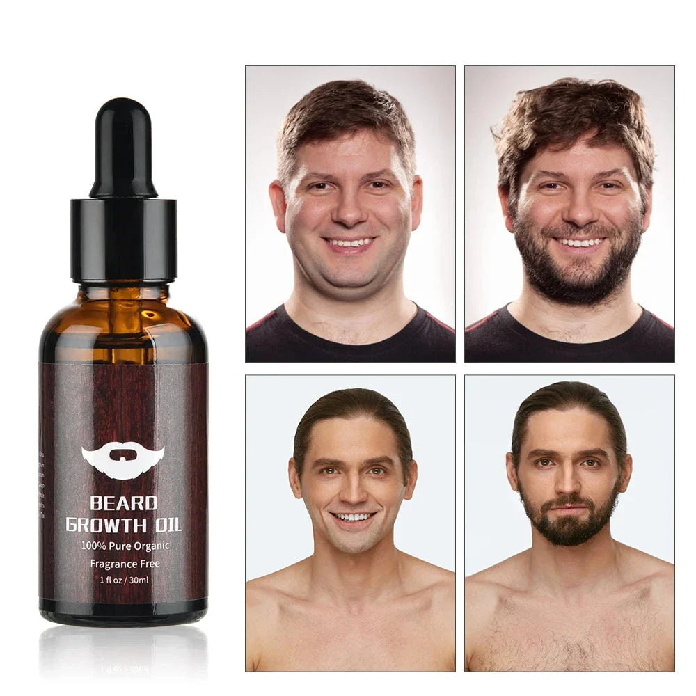 Flacon compte-gouttes en verre brun étiqueté ’Beard Growth Oil’ avec un logo de barbe.