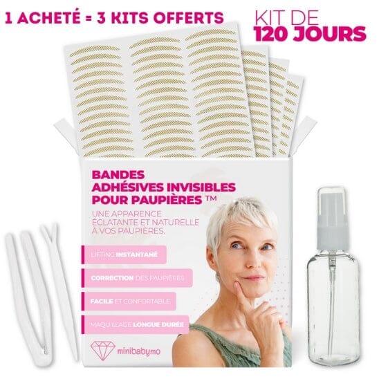 Kit de bandes adhésives invisibles pour les paupières avec une offre promotionnelle et les accessoires qui l’accompagnent.