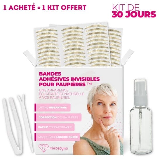 Kit de bandes adhésives invisibles pour les paupières avec une offre promotionnelle.