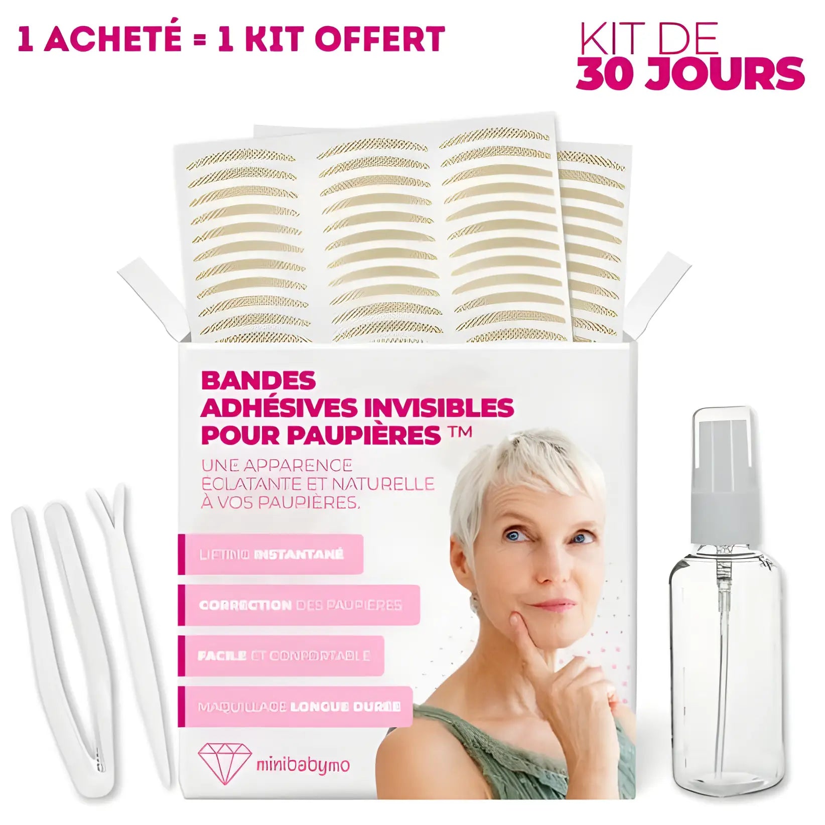 Kit de bandes adhésives invisibles pour les paupières avec une offre promotionnelle.