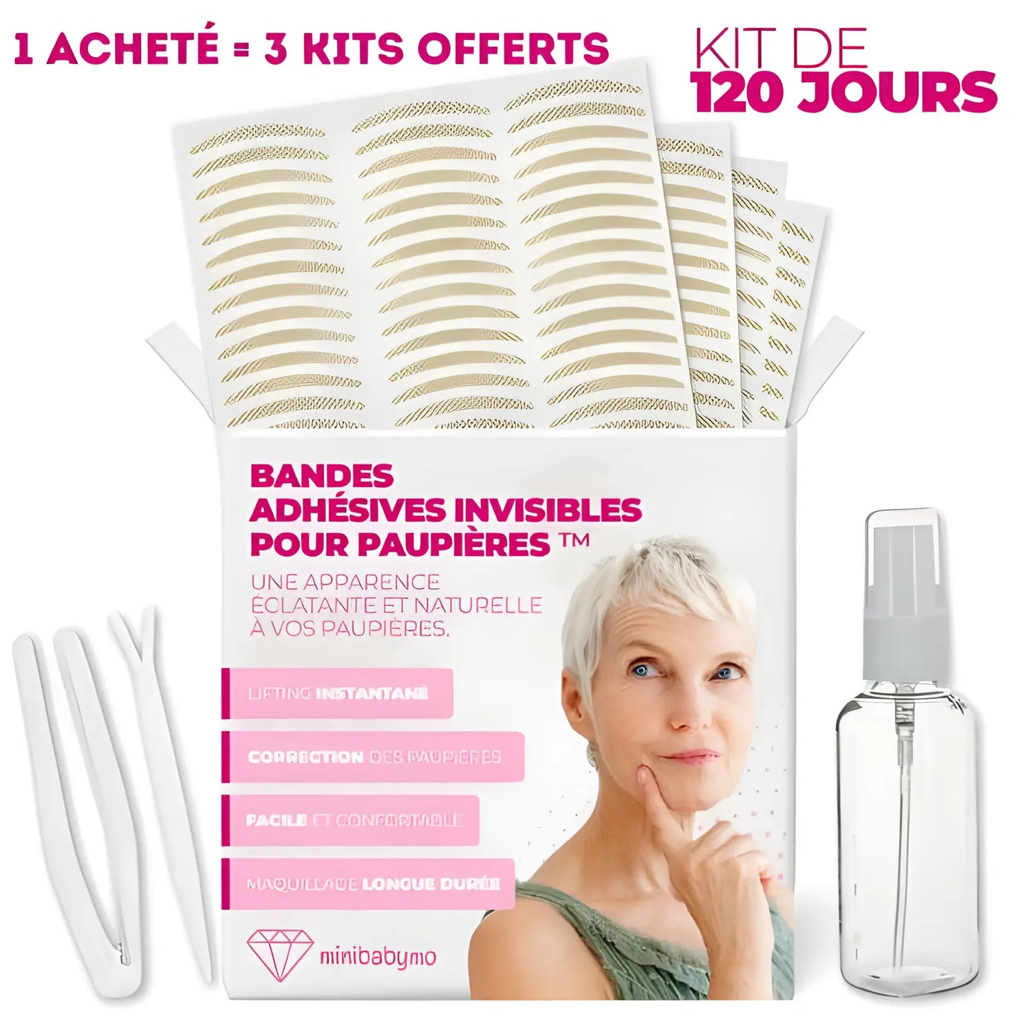 Kit de bandes adhésives invisibles pour les paupières avec une offre promotionnelle et les accessoires qui l’accompagnent.