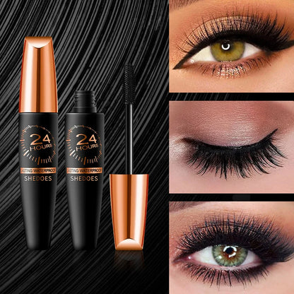 Tube de mascara noir et cuivré portant la mention ’24’’, accompagné d’exemples d’application de maquillage pour les yeux.