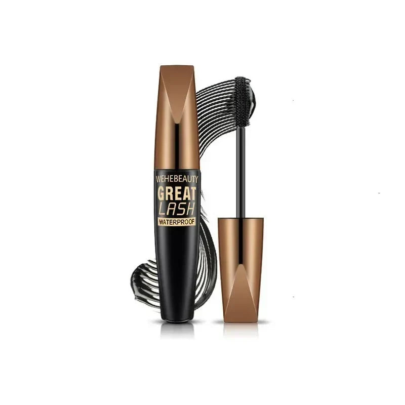 Tube de mascara noir et bronze avec brosse en spirale.