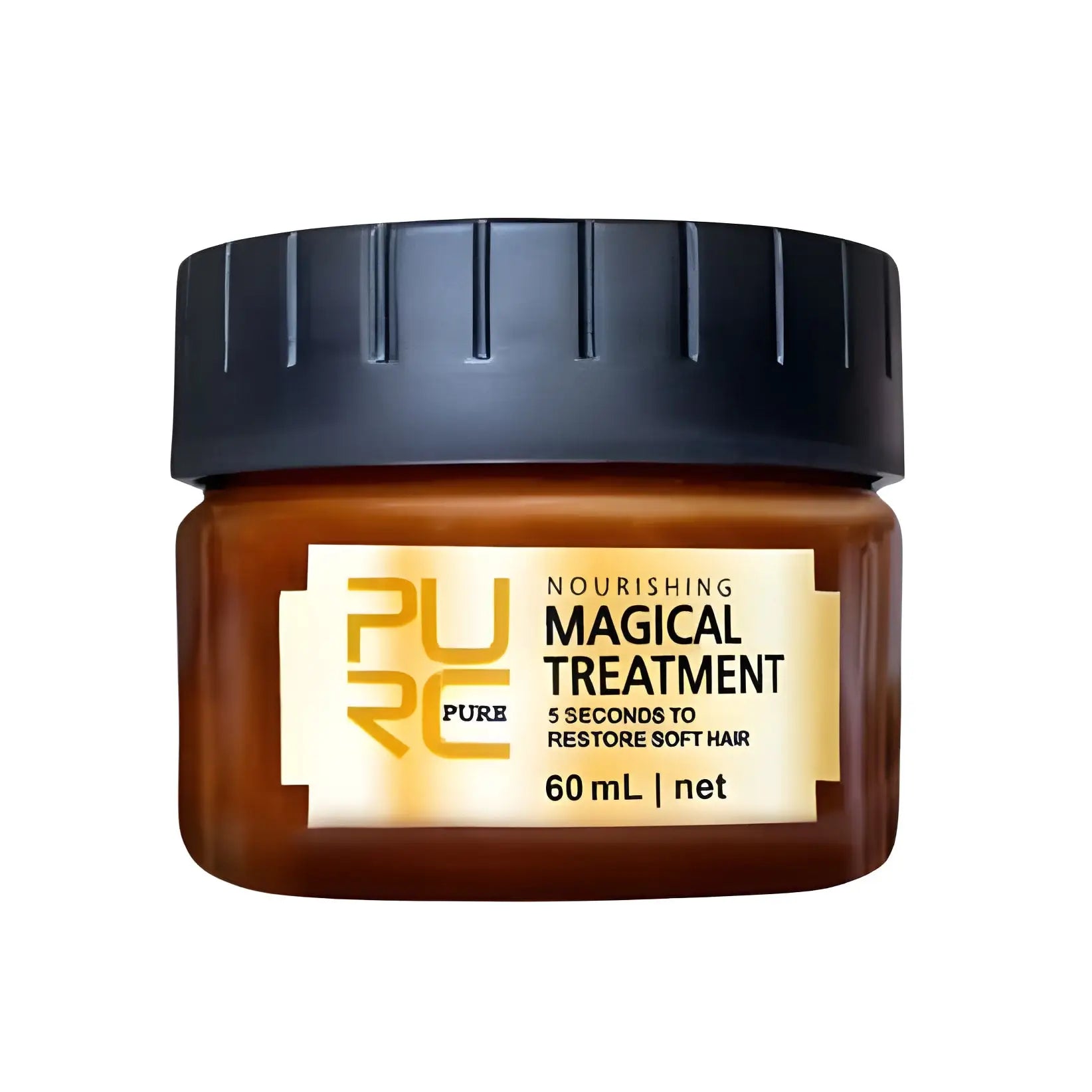 Pot brun de produit de traitement capillaire étiqueté ’PURC Nourishing Magical Treatment’.