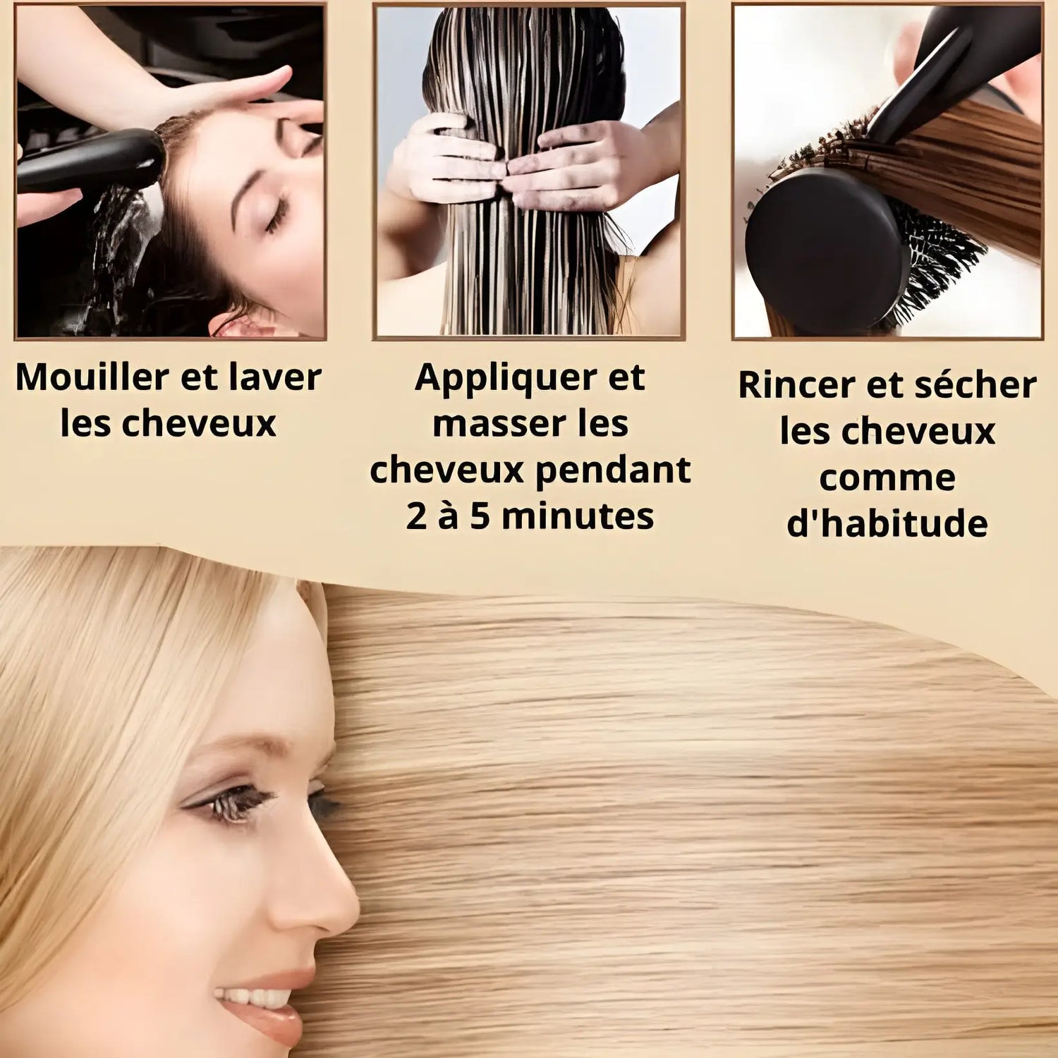 Instructions de soins capillaires indiquant les étapes du lavage, de l’application du produit et du séchage des cheveux, accompagnées d’images illustrant chaque étape.