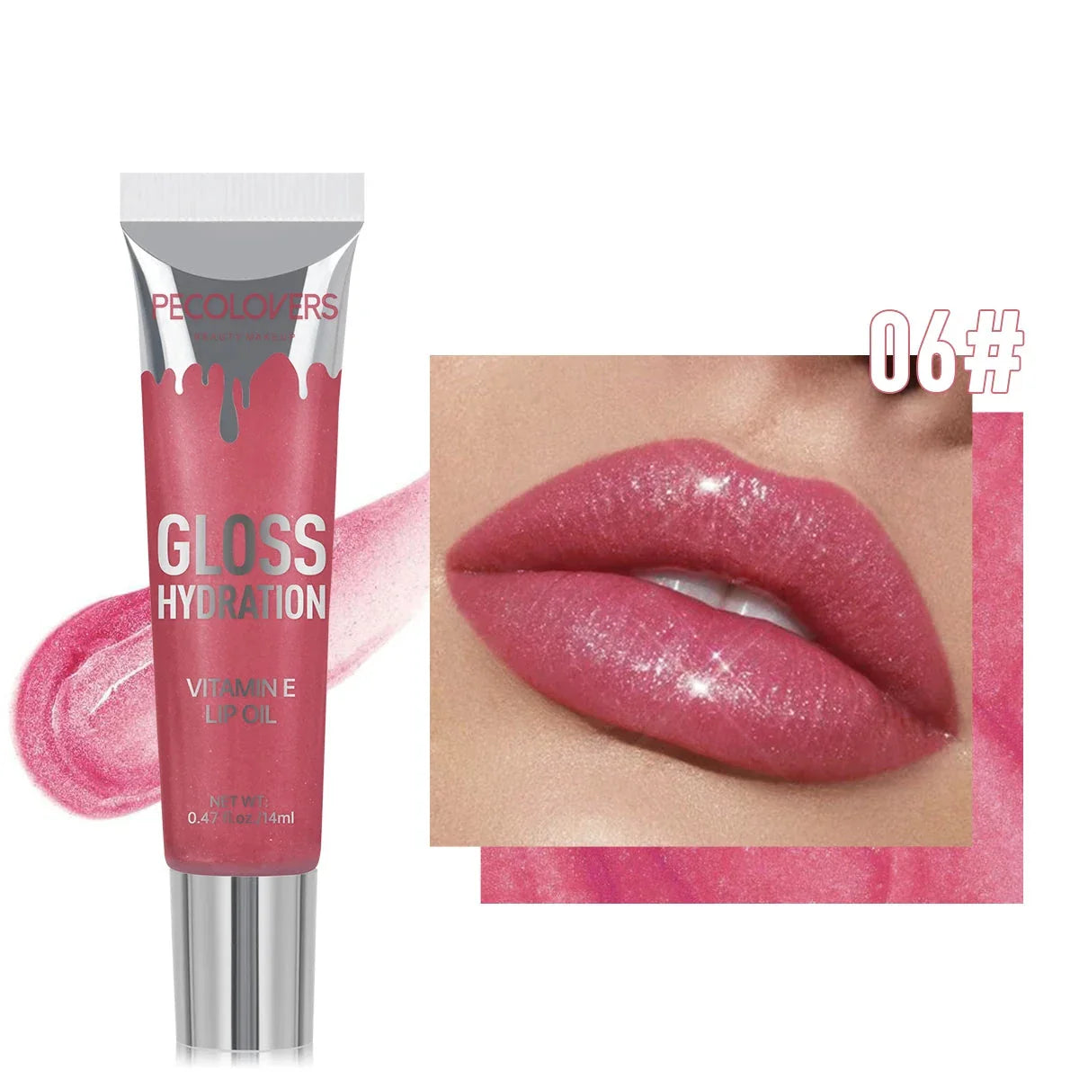 Tube de gloss rose avec un échantillon montrant des lèvres roses et brillantes.