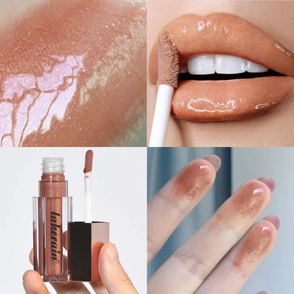 Gloss pour les lèvres de couleur nude avec un fini brillant.