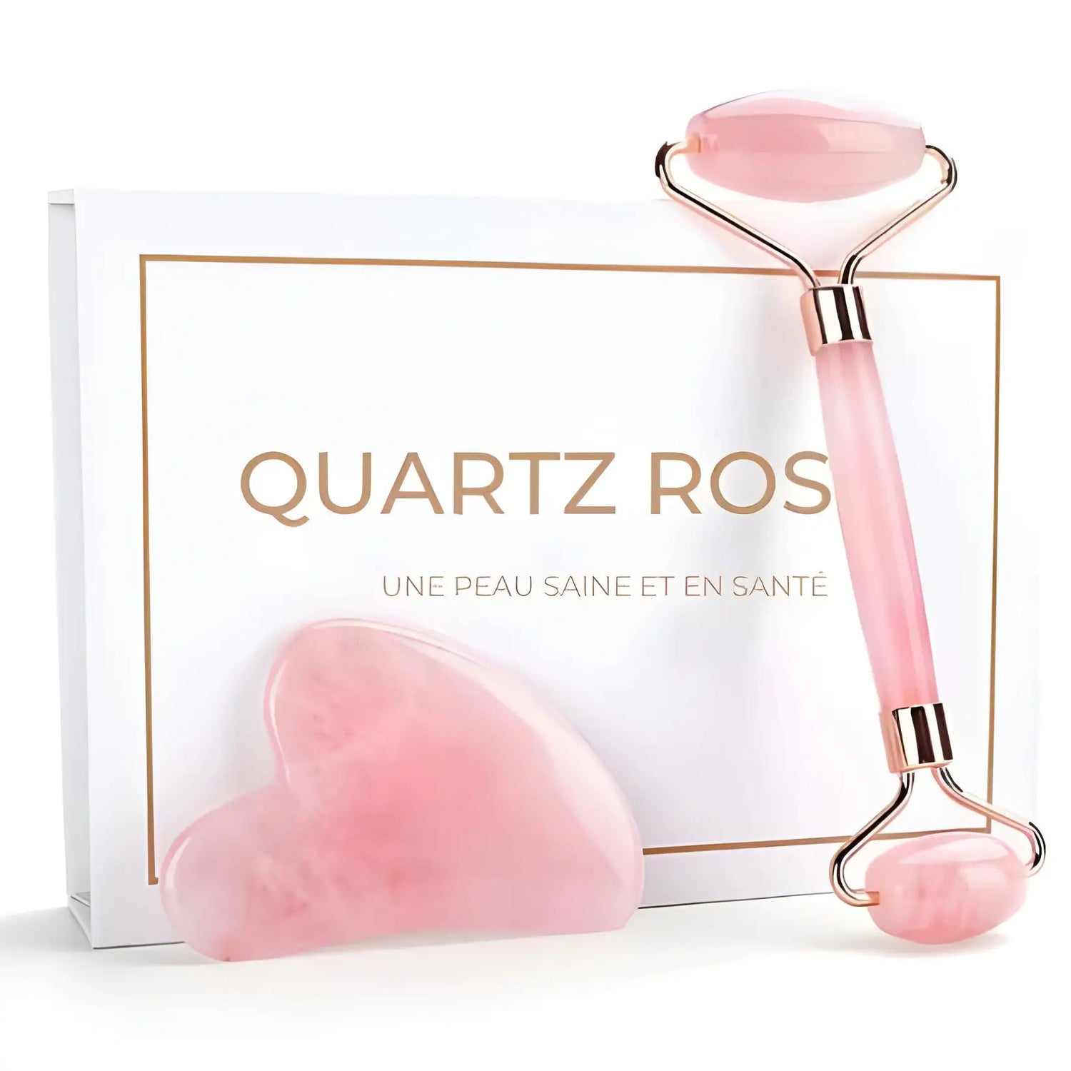 Rouleau facial en quartz rose et set de gua sha avec l’emballage du produit.