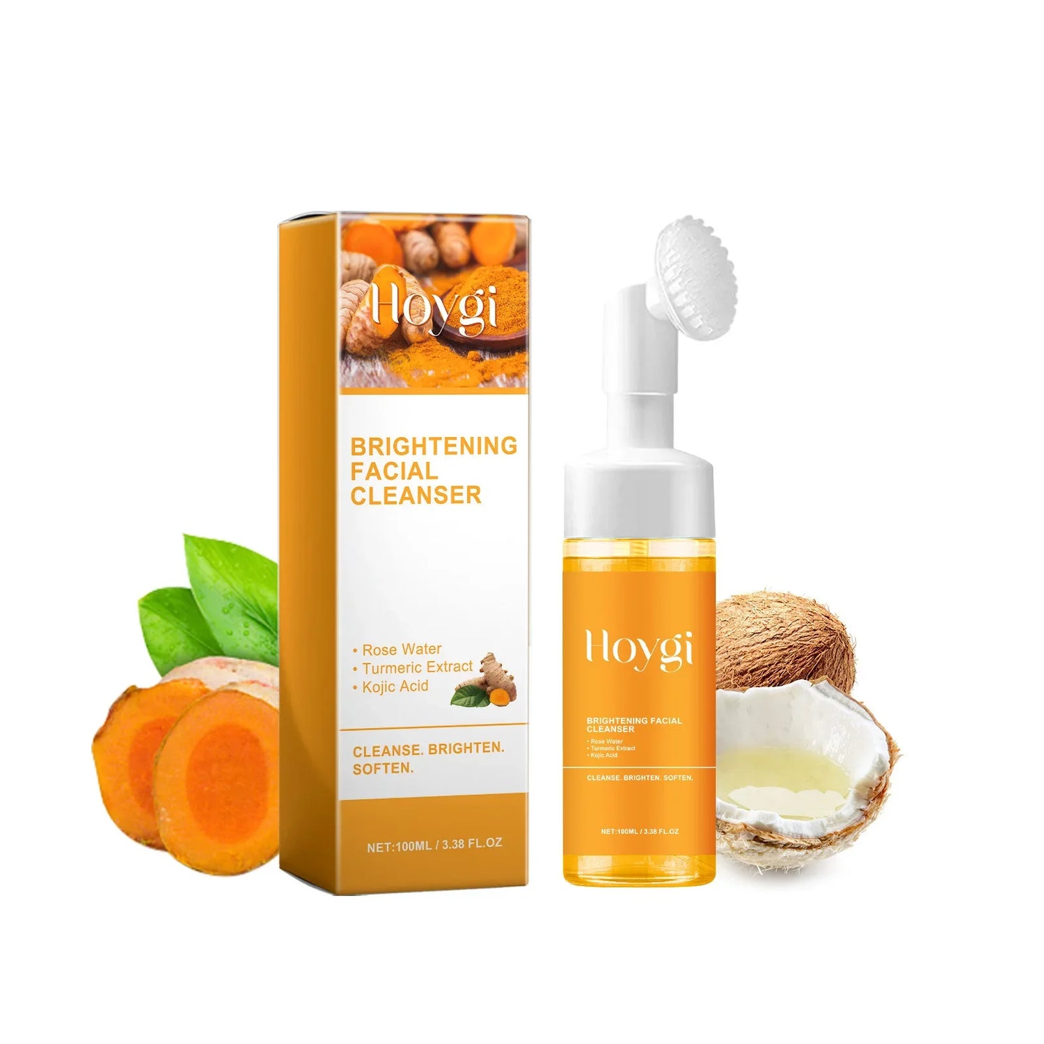 Nettoyant pour le visage de couleur orange avec pompe distributrice de mousse à côté de sa boîte de produit.