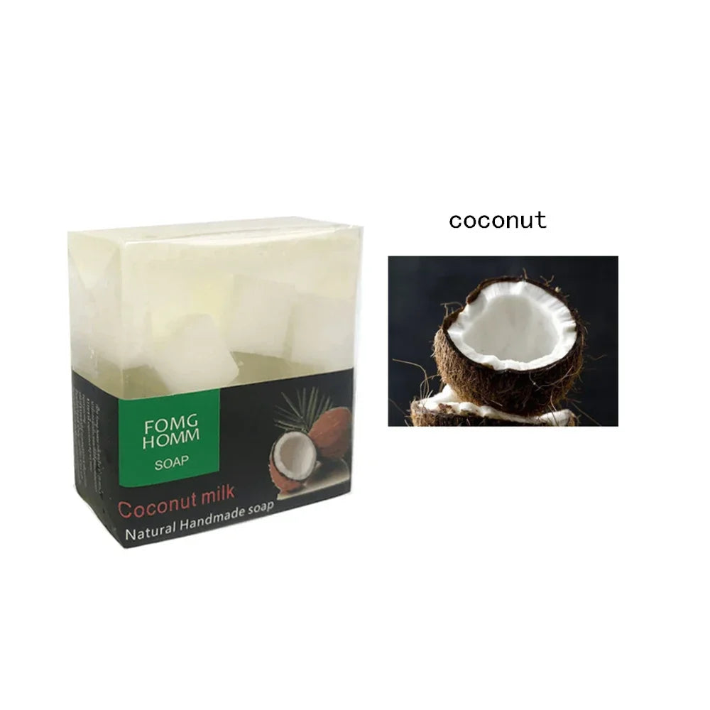 Savon au lait de coco dont l’emballage présente une image de noix de coco.