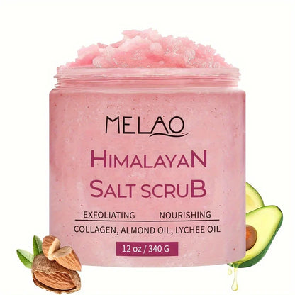 Gommage corporel au sel rose de l’Himalaya avec collagène, huile d’amande et huile de litchi.