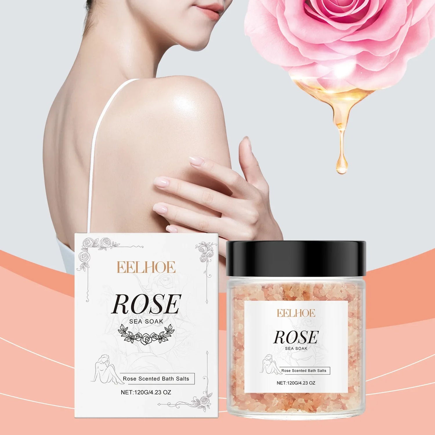 Sels de bain parfumés à la rose dans un pot élégant avec un emballage assorti au produit.