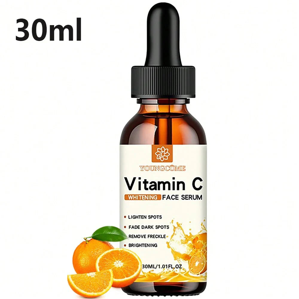 Flacon compte-gouttes en verre ambré contenant un sérum pour le visage à base de vitamine C avec imagerie de fruits d’orange.