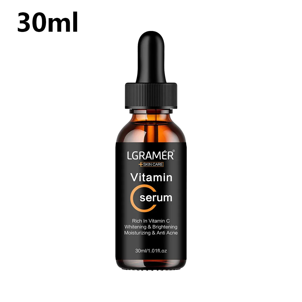 Flacon compte-gouttes en verre ambré contenant du sérum vitaminé par LGRAMER.