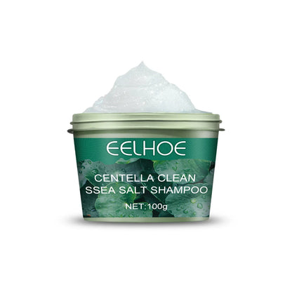 Contenant vert du shampooing Eelhoe Centella Clean Sea Salt, surmonté d’une crème blanche.