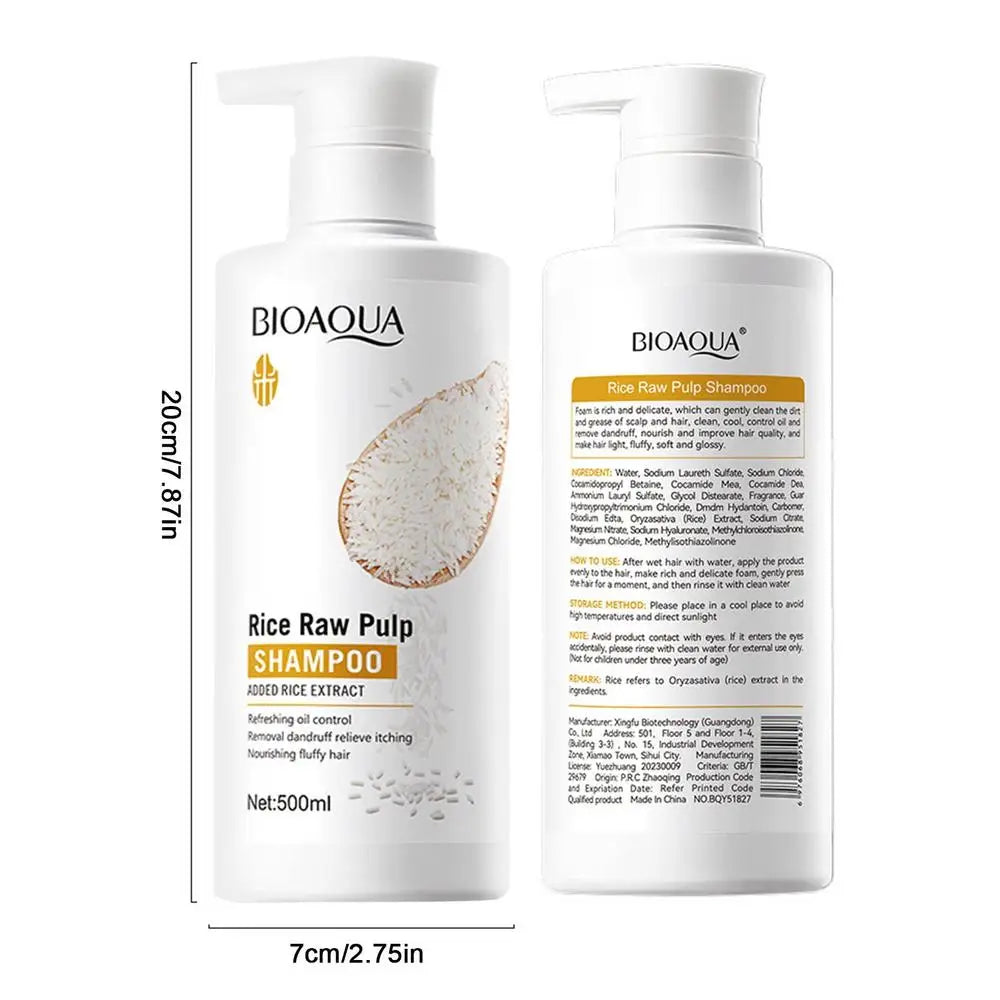 Flacon blanc du shampooing BIOAQUA Rice Raw Pulp avec des accents jaunes.