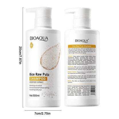 Flacon blanc du shampooing BIOAQUA Rice Raw Pulp avec des accents jaunes.