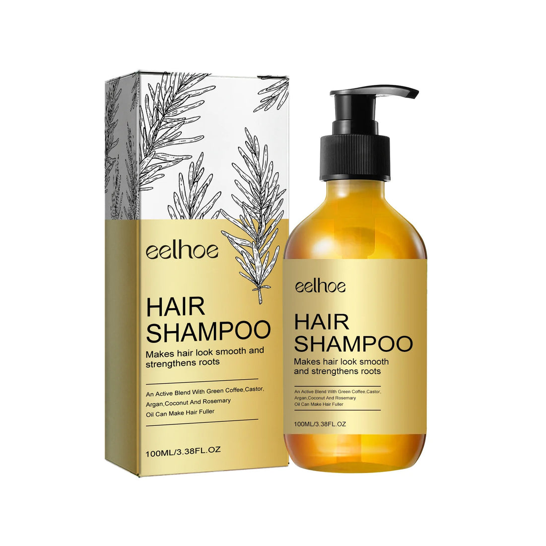 Shampoing Eelhoe en bouteille jaune avec sa boîte de produit.